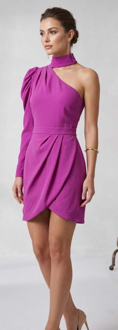 NEW Do+Be Hot Pink One-Shoulder Puff Sleeve Mini Dress